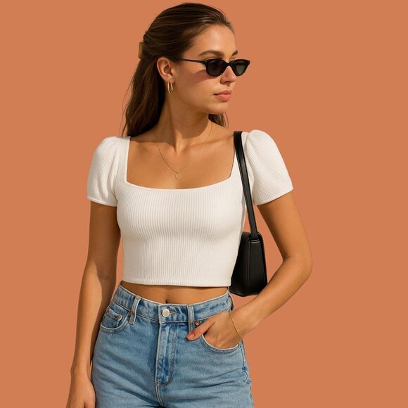 H&M Divided White Ribbed Puff Sleeve Crop Top | Size M - Picture 1 of 6